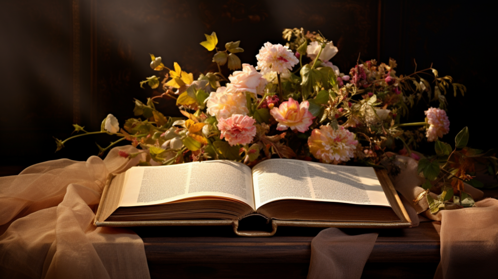 Bible showing funeral prayer on podium surrounded by flowers