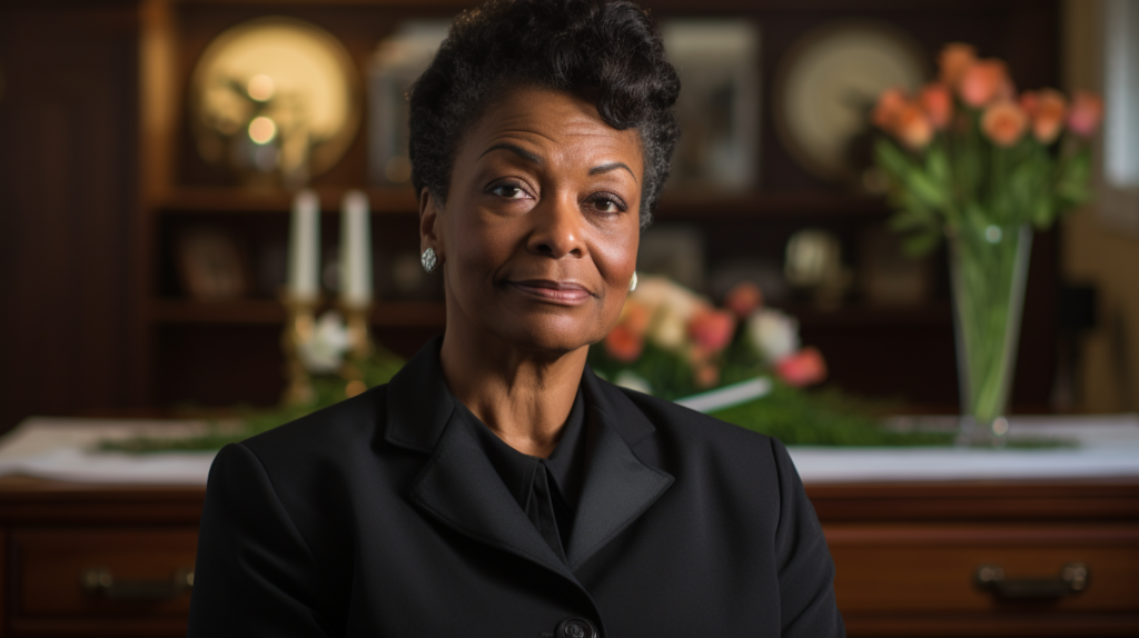 African American funeral director standing in funeral home